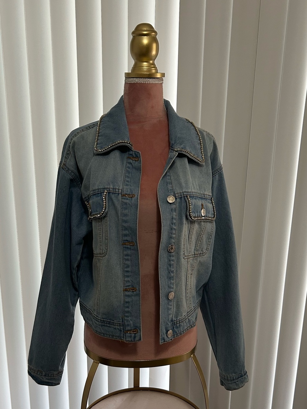 Denim Jacket with Stud/rhinestone Trim - Blue